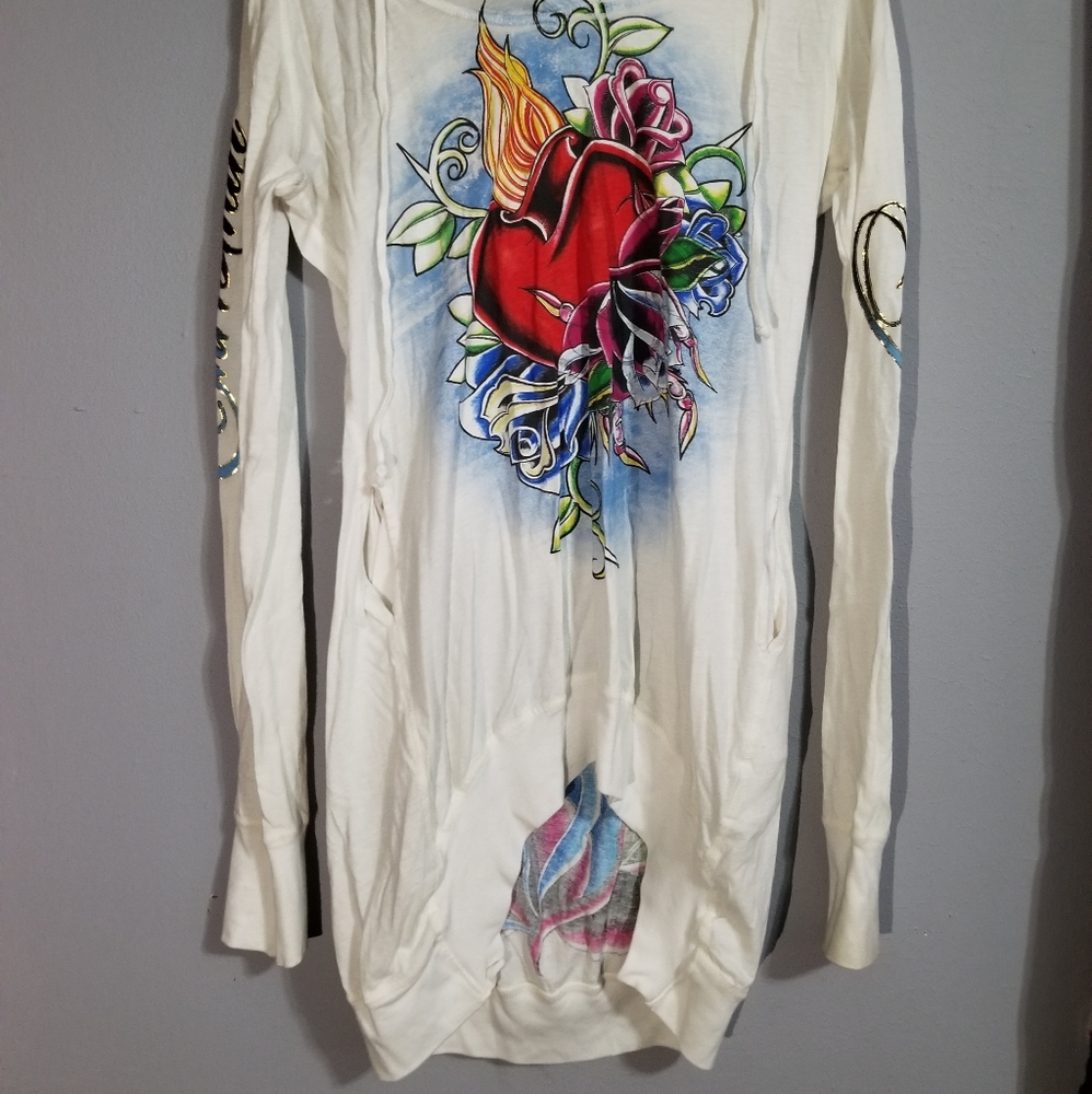 Christian Audigier Rhinestone Drawstring Hooded Long Sleeve Tunic Shirt